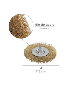 Cepillo Acero Latonado Para Taladro. Disco Ø 75 mm. Espiga 1/4" Cepillo Taladro Alambre Latón, Cepillo Limpieza, Cepillo Pulir. 2
