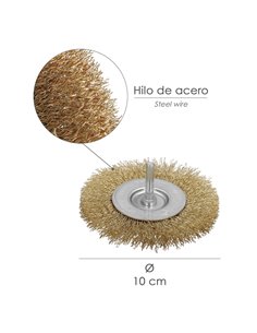 Cepillo Acero Latonado Para Taladro. Disco Ø 100 mm. Espiga 1/4" Cepillo Taladro Alambre Latón, Cepillo Limpieza, Cepillo Pulir. 2