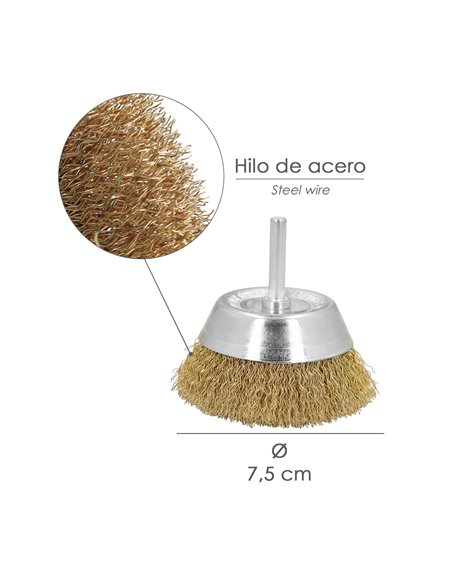 Cepillo Acero Latonado Para Taladro Taza Ø 75 mm. Espiga 1/4" Cepillo Taladro Alambre Latón, Cepillo Limpieza, Cepillo Pulir.