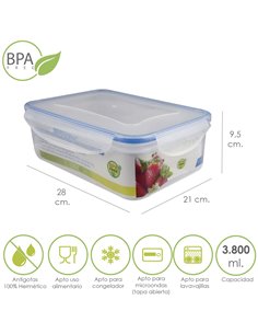 Recipiente Plástico Hermético Retangular 3.800 ml. 28x21x9,5 (A) cm.