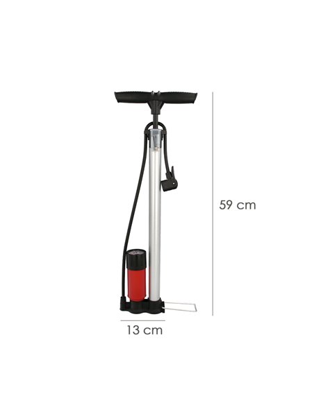 Pompe de gonflage de vélo avec manomètre. Embouchure double Presta et valve Schrader. Avec adaptateurs. Ø 32 x 500 mm. 10BAR / 1