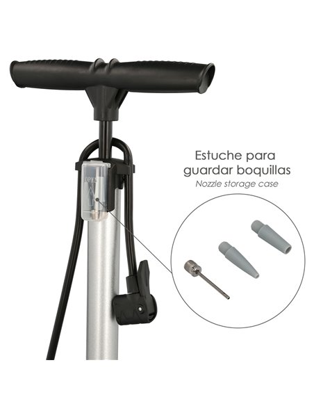 Pompe de gonflage de vélo avec manomètre. Embouchure double Presta et valve Schrader. Avec adaptateurs. Ø 32 x 500 mm. 10BAR / 1