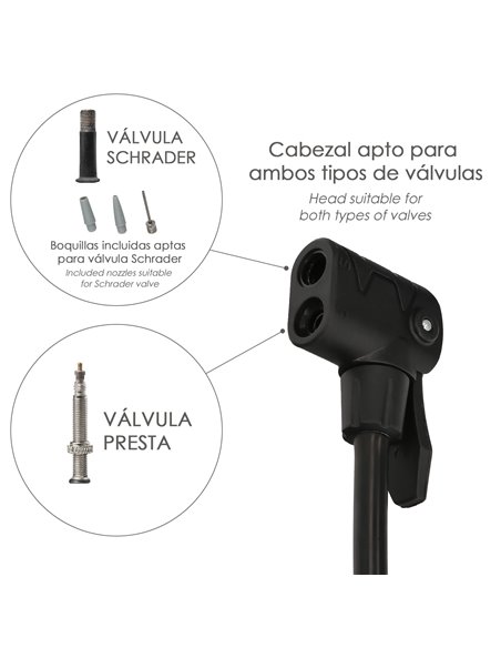 Bomba Inflar Con Manometro. Doble Boquilla Para Valvula Presta y Schrader. Con Adaptadores. Ø 32 x 500 mm.