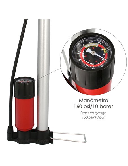 Pompe de gonflage de vélo avec manomètre. Embouchure double Presta et valve Schrader. Avec adaptateurs. Ø 32 x 500 mm. 10BAR / 1