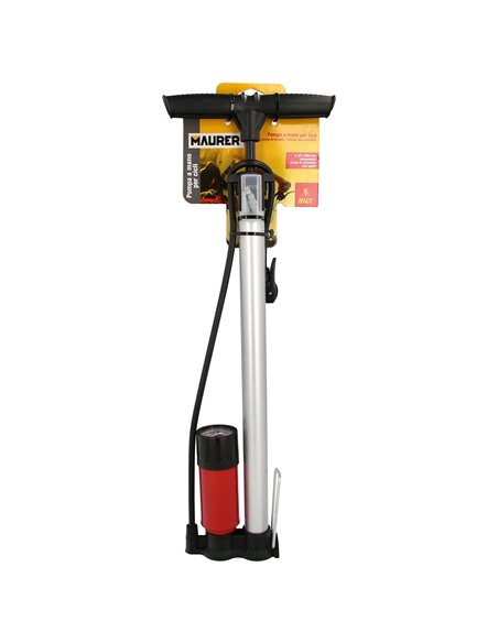 Pompe de gonflage de vélo avec manomètre. Embouchure double Presta et valve Schrader. Avec adaptateurs. Ø 32 x 500 mm. 10BAR / 1