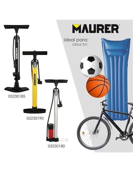 Bicycle Inflate Pump With Pressure Gauge. Double Mouthpiece Presta and Schrader Valve. With Adapters. Ø 32 x 500mm. 10BAR / 160P