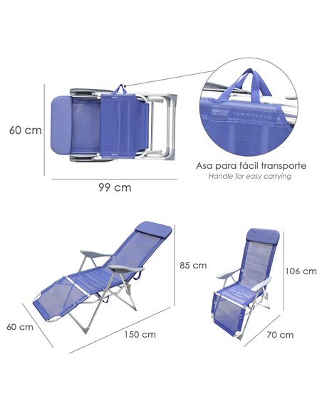 Silla Playa Estructura Aluminio, Reclinable 5 Posiciones Con Reposapies, Silla Multiposición, Silla Con Reposabrazos