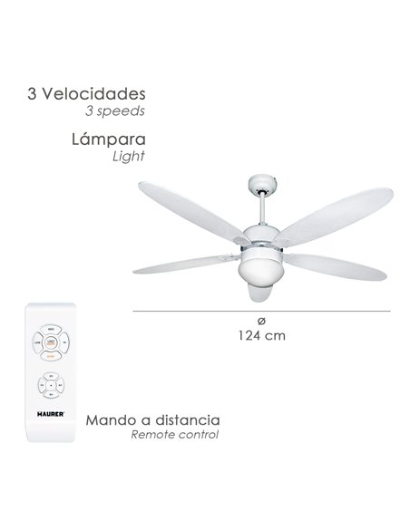 Ventilador de teto Ø 124 cm. 70 Watts. 3 velocidades. Com Luz e Controle Remoto 5 lâminas. Com temporizador.