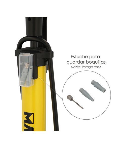 Bomba Aire Con Manometro 5,5 Bares Cuerpo Acero, Valvulas SCHRADER y PRESTA con Adaptadores. Bomba Bicicletas, Bomba coches