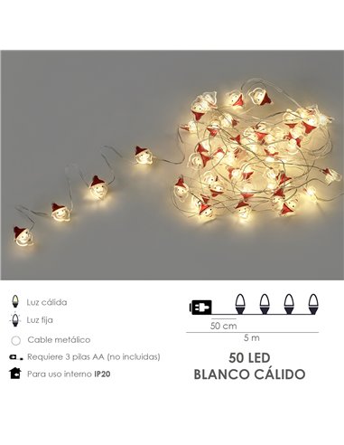 Luces Navidad A Pilas 50 Leds Papa Noel. Luz Calida Uso Interno IP20