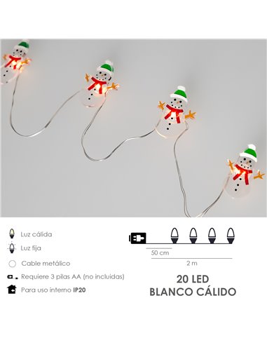 Guirnalda Luces Navidad A Pilas 20 Leds Muñecos de Nieve. Luz Calida Uso Interno IP20