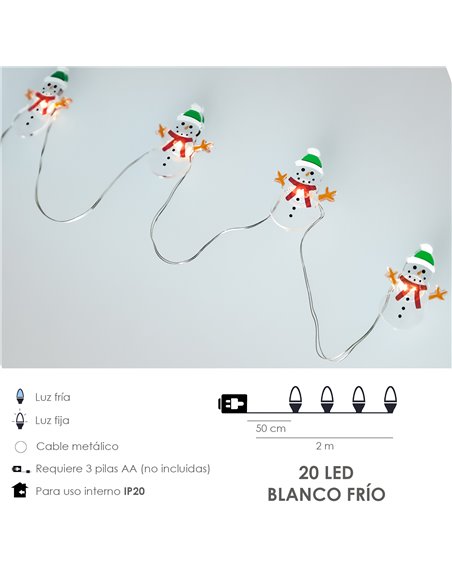 Guirnalda Luces Navidad A Pilas 20 Leds Muñecos de Nieve. Luz Fria Uso Interno IP20