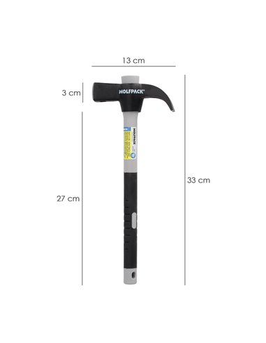 Martillo Uña Mango Fibra Vidrio Mango Fibra Vidrio Con Empuñadura Antideslizante. 600 Gramos 33 cm.