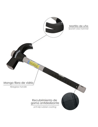 Martillo Uña Mango Fibra Vidrio Mango Fibra Vidrio Con Empuñadura Antideslizante. 600 Gramos 33 cm.