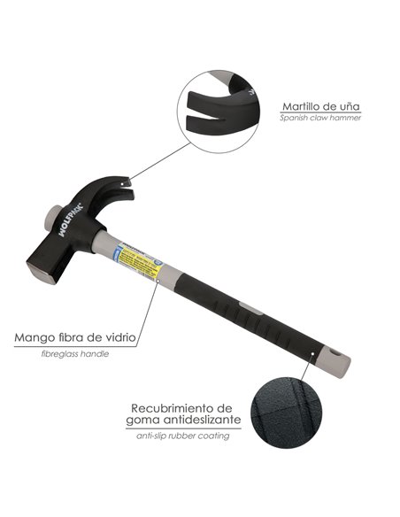Martillo Uña Mango Fibra Vidrio Mango Fibra Vidrio Con Empuñadura Antideslizante. 600 Gramos 33 cm.