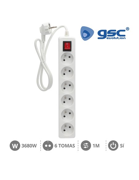 Base múltiple sistema francés 6 enchufes + interruptor 3x1mm 1 metro blanco