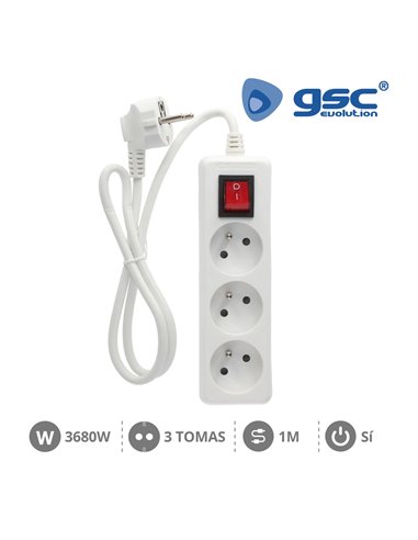 Base múltiple sistema francés 3 enchufes + interruptor 3x1mm 1 metro blanco