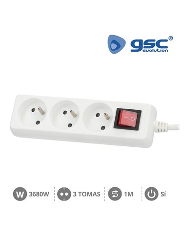 Base múltiple sistema francés 3 enchufes + interruptor 3x1mm 1 metro blanco