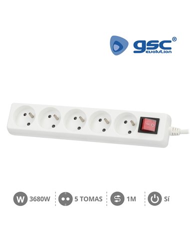 Base múltiple sistema francés 5 enchufes + interruptor 3x1mm 1 metro blanco