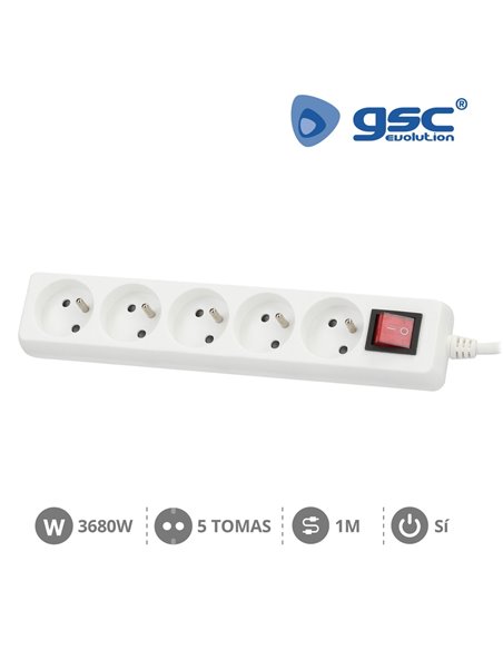 Sistema francês base múltipla 5 tomadas + interruptor 3x1mm 1 metro branco