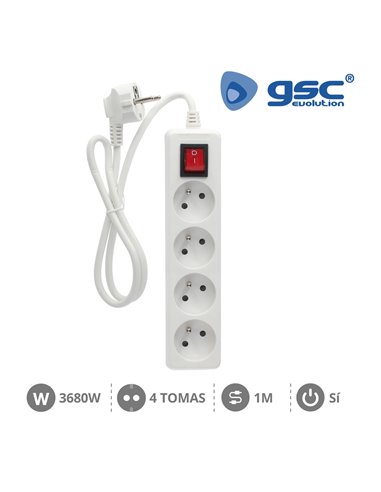 Sistema francês base múltipla 4 tomadas + interruptor 3x1mm 1 metro branco