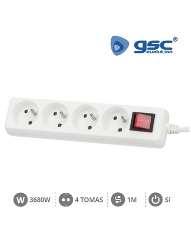 Sistema francês base múltipla 4 tomadas + interruptor 3x1mm 1 metro branco