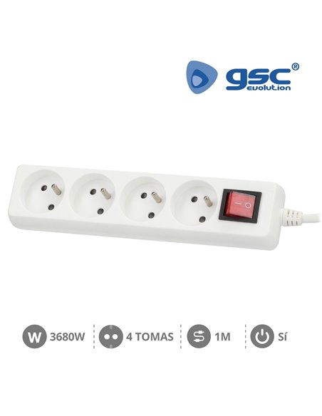 Sistema francês base múltipla 4 tomadas + interruptor 3x1mm 1 metro branco