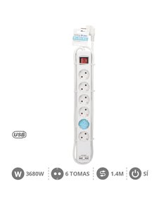 Base múltiple 6T + 2 USB + Int. (3x1.5mm) 1,4M Blanca 2