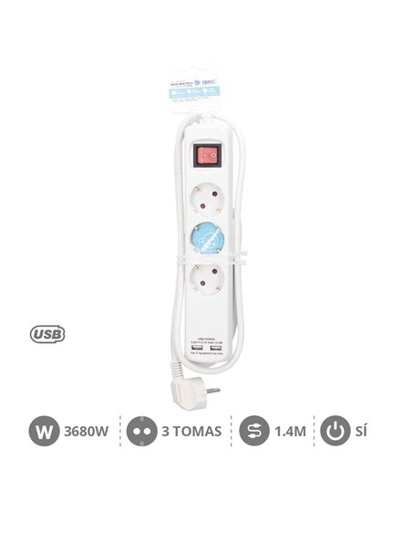 Base múltipla 3T + 2 USB + Int. (3x1,5mm) 1,4M Branco