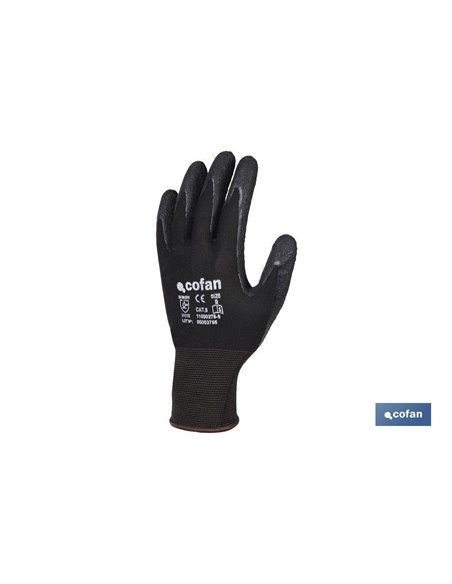 Luva de suporte de poliéster impregnado com látex preto T-10