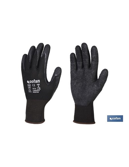 Luva de suporte de poliéster impregnado com látex preto T-8