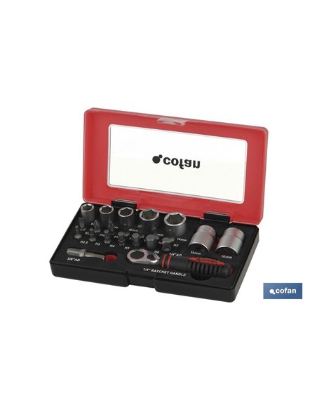 Conjunto Mini Catraca, Soquetes e Bits 1/4 23 Unid.