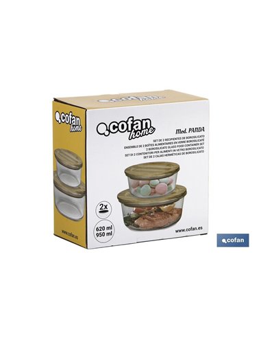 Set De 2 Recipientes De Borosilicato Con Tapa De Bambú Modelo Panda 620 Ml - 950 Ml