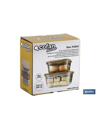 Set De 2 Recipientes De Borosilicato Con Tapa De Bambú Modelo Panda 520 Ml - 800 Ml