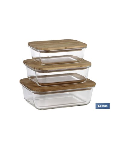Conjunto de 3 Recipientes de Borossilicato com Tampas de Bambu Modelo Panda 640 Ml-1040 Ml -1520 Ml