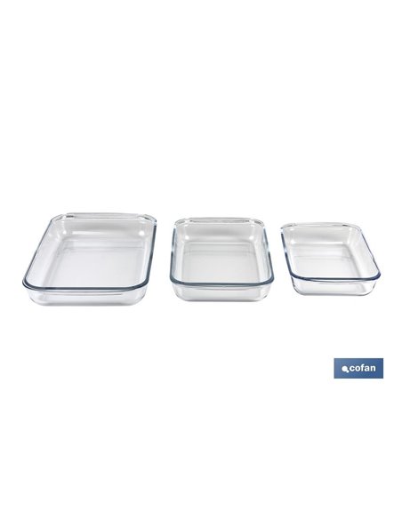 Conjunto de 3 pratos retangulares de vidro borossilicato modelo barita 1600ml-2200ml-3000ml