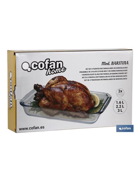 Set De 3 Fuentes Rectangulares De Vidrio Borosilicato Modelo Baritina 1600ml-2200ml-3000ml