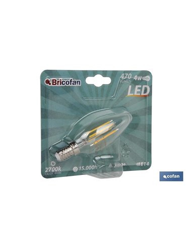 Bombilla Led Vela Filamento E14 4w 470lm 2700k