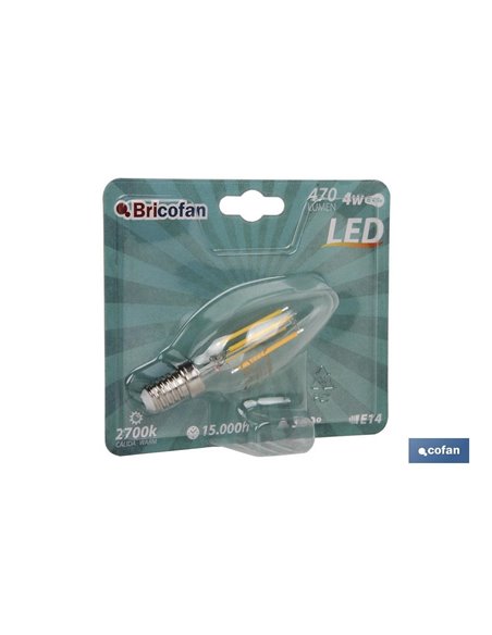 Bombilla Led Vela Filamento E14 4w 470lm 2700k