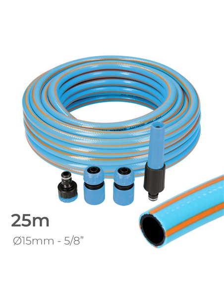 Kit manguera jardin profesional interior ø15mm exterior ø20mm (5/8") 25m con accesorios pvc edm