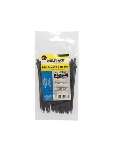 Brida Nylon 100%. Color Negro 2,5 x 160 mm. Bolsa 100 unidades. Abrazadera Plastico, Organizador Cables, Alta Resistencia