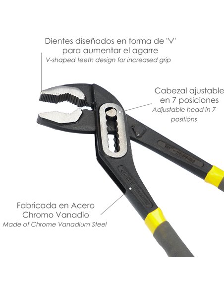 Tenazas Apertura Múltiple Negra 250 mm. Mangos Plastificados DIN 8976. Pico De Loro, Alicates Extensibles, Tenazas Fontanero