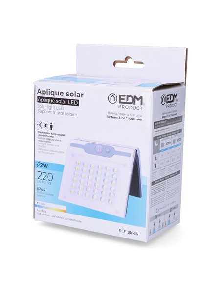 Aplique solar 2w 220lm 6.500k con sensor color blanco edm