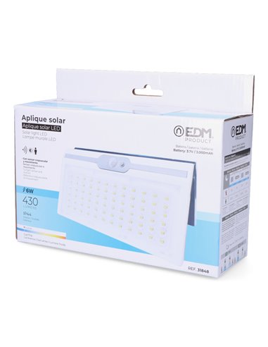 Aplique solar 6w 430lm 6500k com sensor cor branca EDM