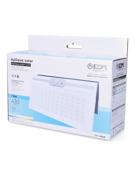 Aplique solar 6w 430lm 6500k com sensor cor branca EDM