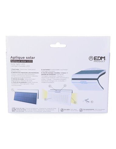 Aplique solar 6w 430lm 6500k com sensor cor branca EDM