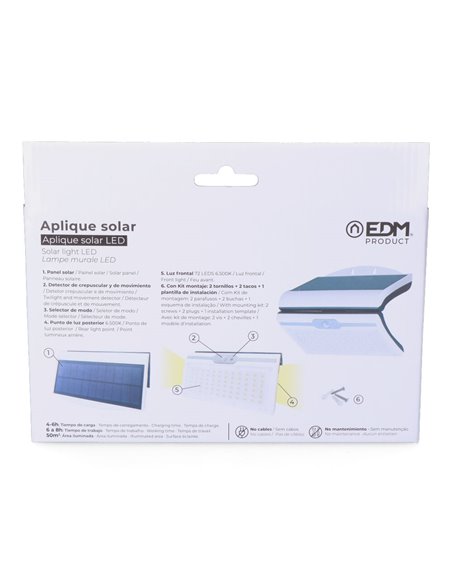 Aplique solar 6w 430lm 6500k com sensor cor branca EDM