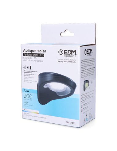 Aplique solar 1,8w 155lm 6.500k con sensor color negro edm