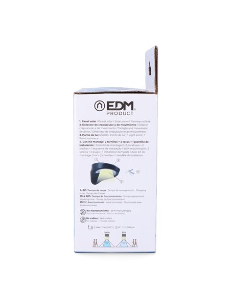 Aplique solar 1,8w 155lm 6.500k con sensor color negro edm