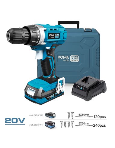 Kit taladro atornillador con 40 accesorios 20V con batería y cargador Koma Tools